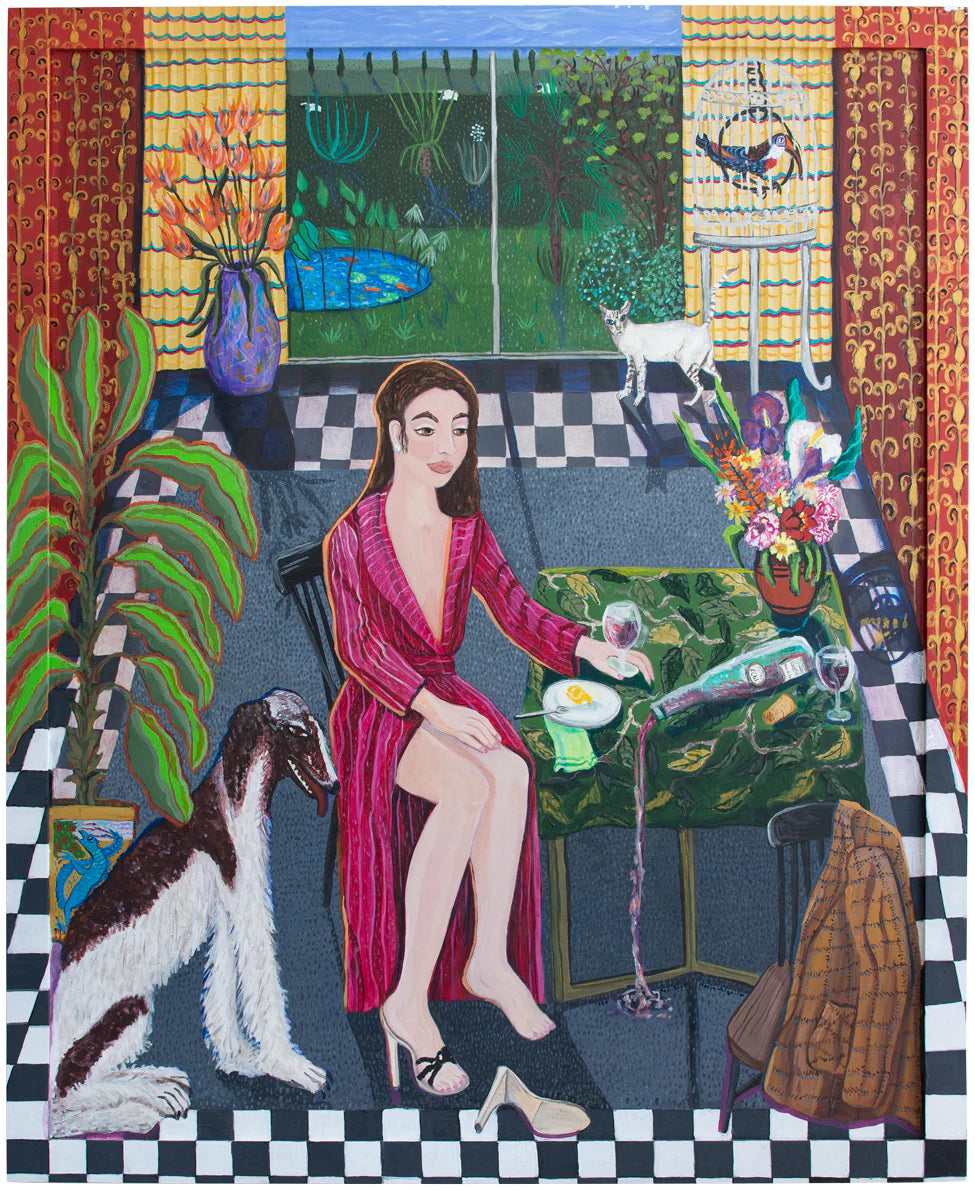 Woman in a red dress sitting at a table with a dog and checkered floor.
