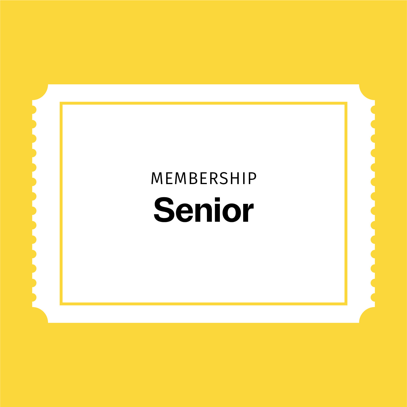 A graphic image of a membership card labeled 'Senior' on a yellow background, indicating it is for a senior membership.